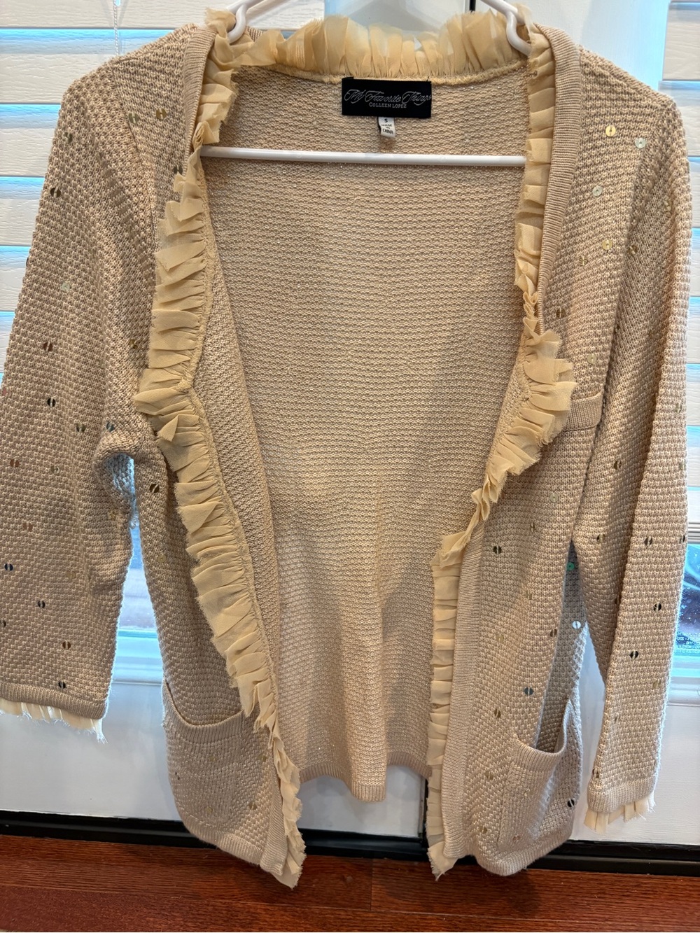 Beige Ruffle Trim Open Cardigan Sweater - Women's